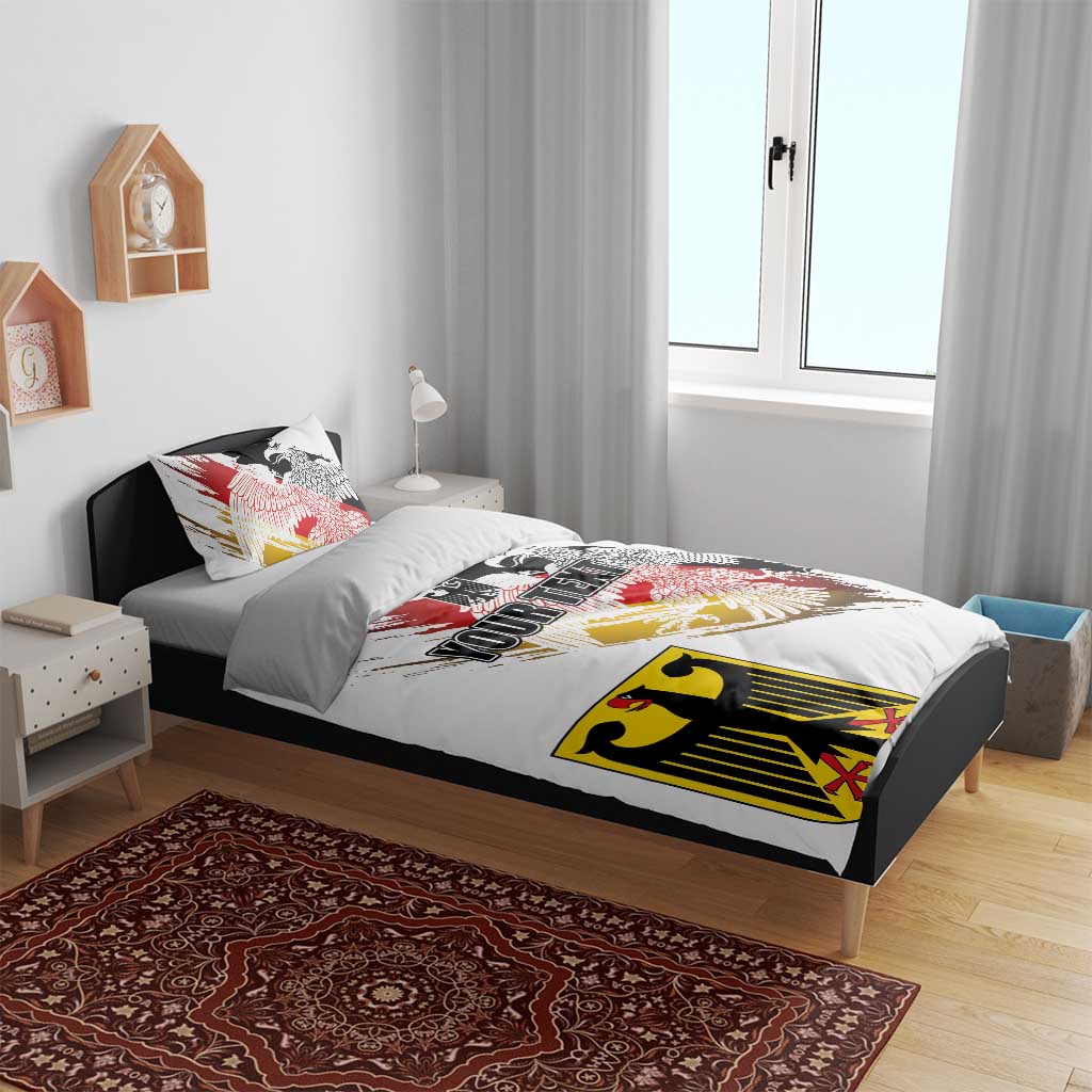 White duvet cover on bed with bold eagle emblem and “YOUR TEXT” across the center.