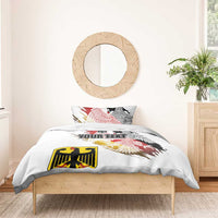 White comforter set with red and gold eagle graphic and “YOUR TEXT” on the front panel.