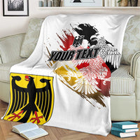 White grunge flag blanket on couch with black eagle head and red-yellow paint; 'YOUR TEXT'.