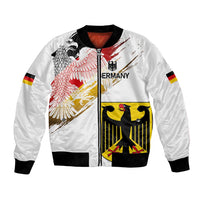 White bomber jacket with front zipper, Germany eagle and grunge flag print, ribbed cuffs