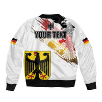 White bomber jacket with black rib trim, eagle and grunge flag back print, YOURTEXT