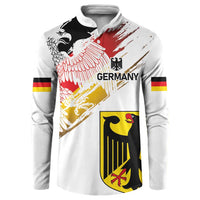 White crewneck sweatshirt front with Germany eagle grunge badge, crest, and flag band accents