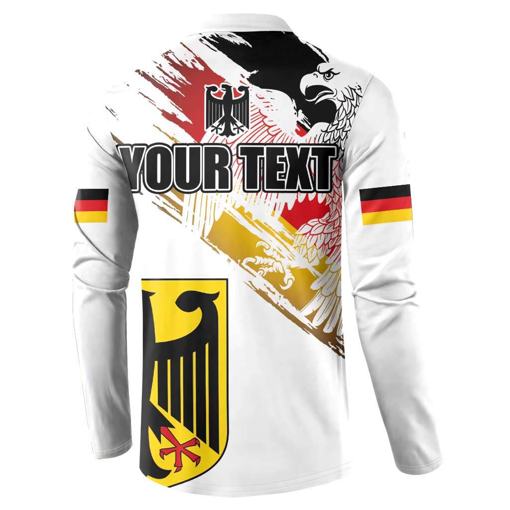 White sweatshirt back with YOUR TEXT, eagle head and crest emblem, and flag stripe sleeve band