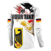 White sweatshirt back with YOUR TEXT, eagle head and crest emblem, and flag stripe sleeve band