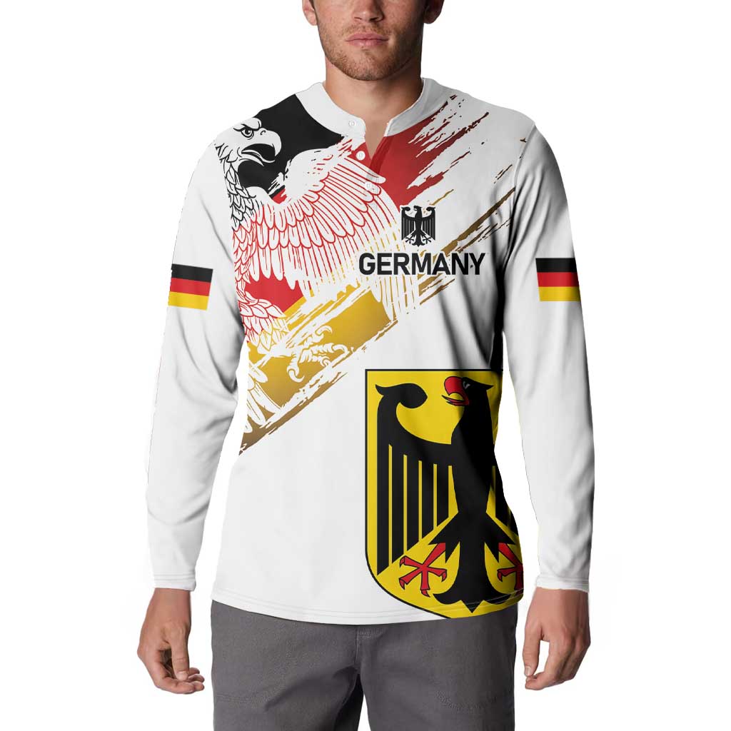 White crewneck sweatshirt with Germany eagle grunge graphic, crest and flag stripe sleeve bands