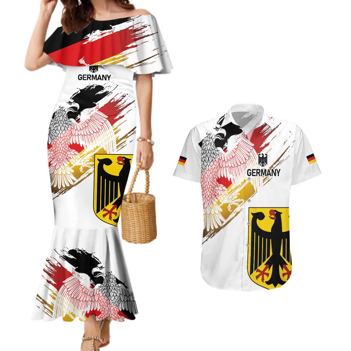 Personalised Germany Seal and Eagle Grunge Flag Couples Matching Mermaid Dress and Hawaiian Shirt - Wonder Print Shop