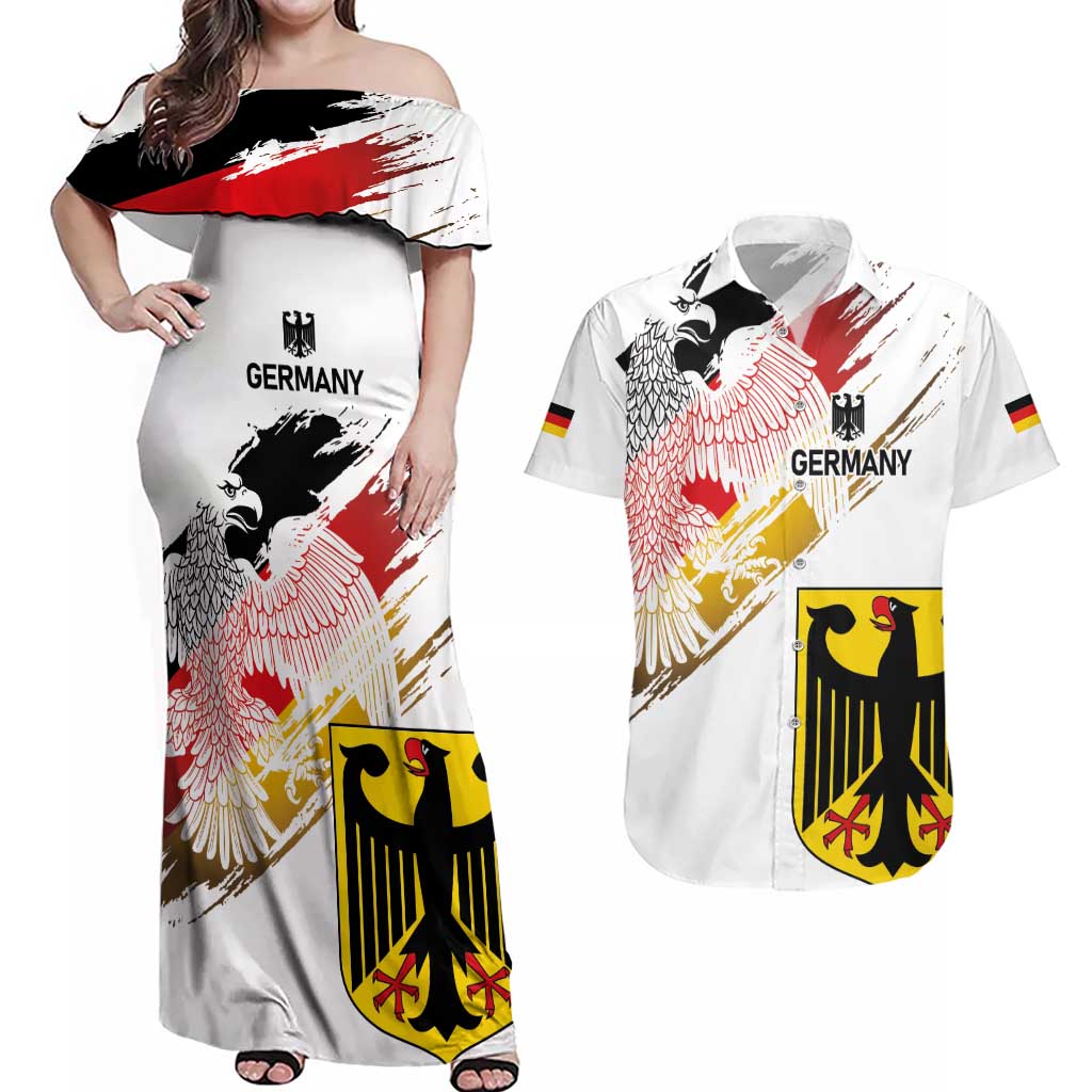 Personalised Germany Seal and Eagle Grunge Flag Couples Matching Off Shoulder Maxi Dress and Hawaiian Shirt - Wonder Print Shop