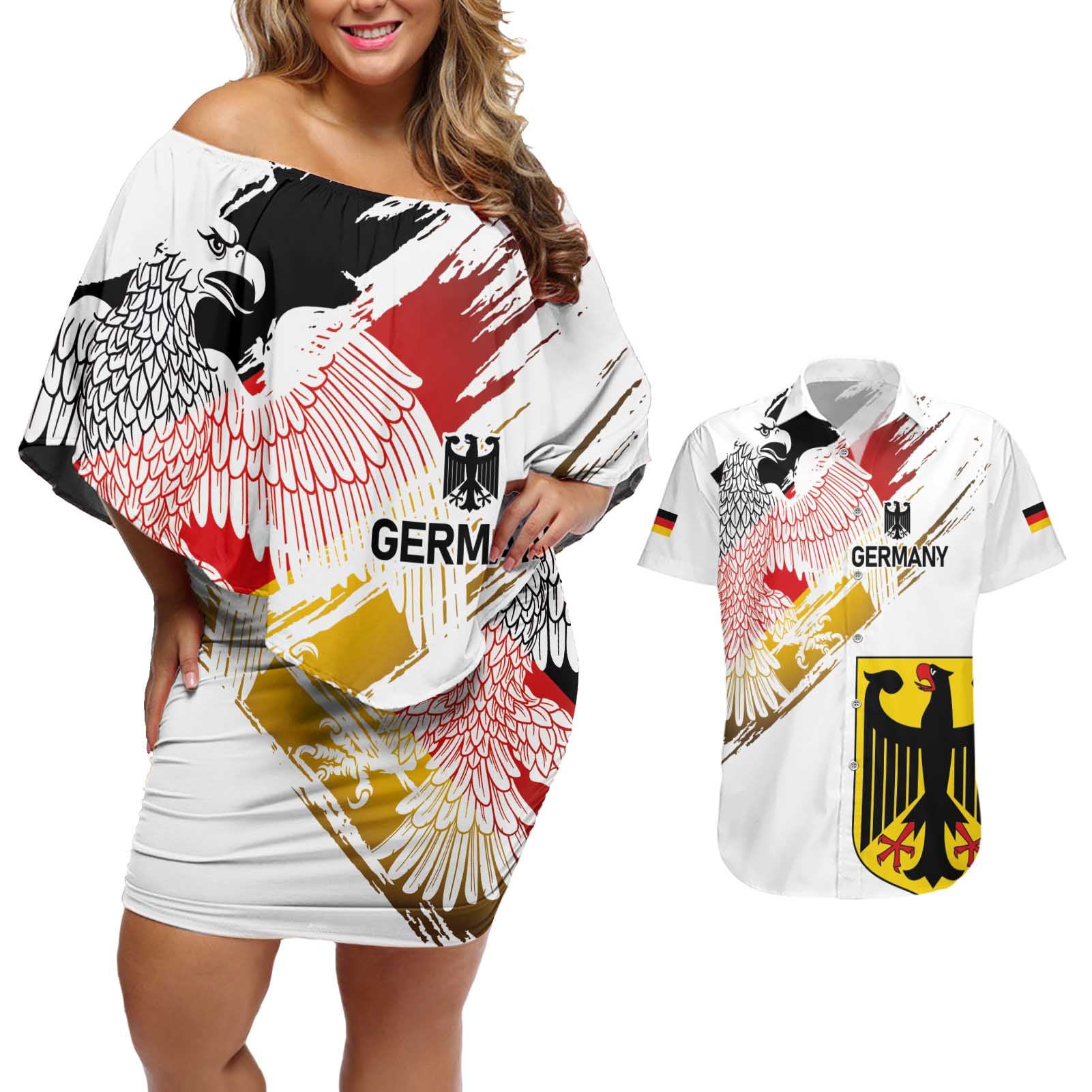 Personalised Germany Seal and Eagle Grunge Flag Couples Matching Off Shoulder Short Dress and Hawaiian Shirt - Wonder Print Shop