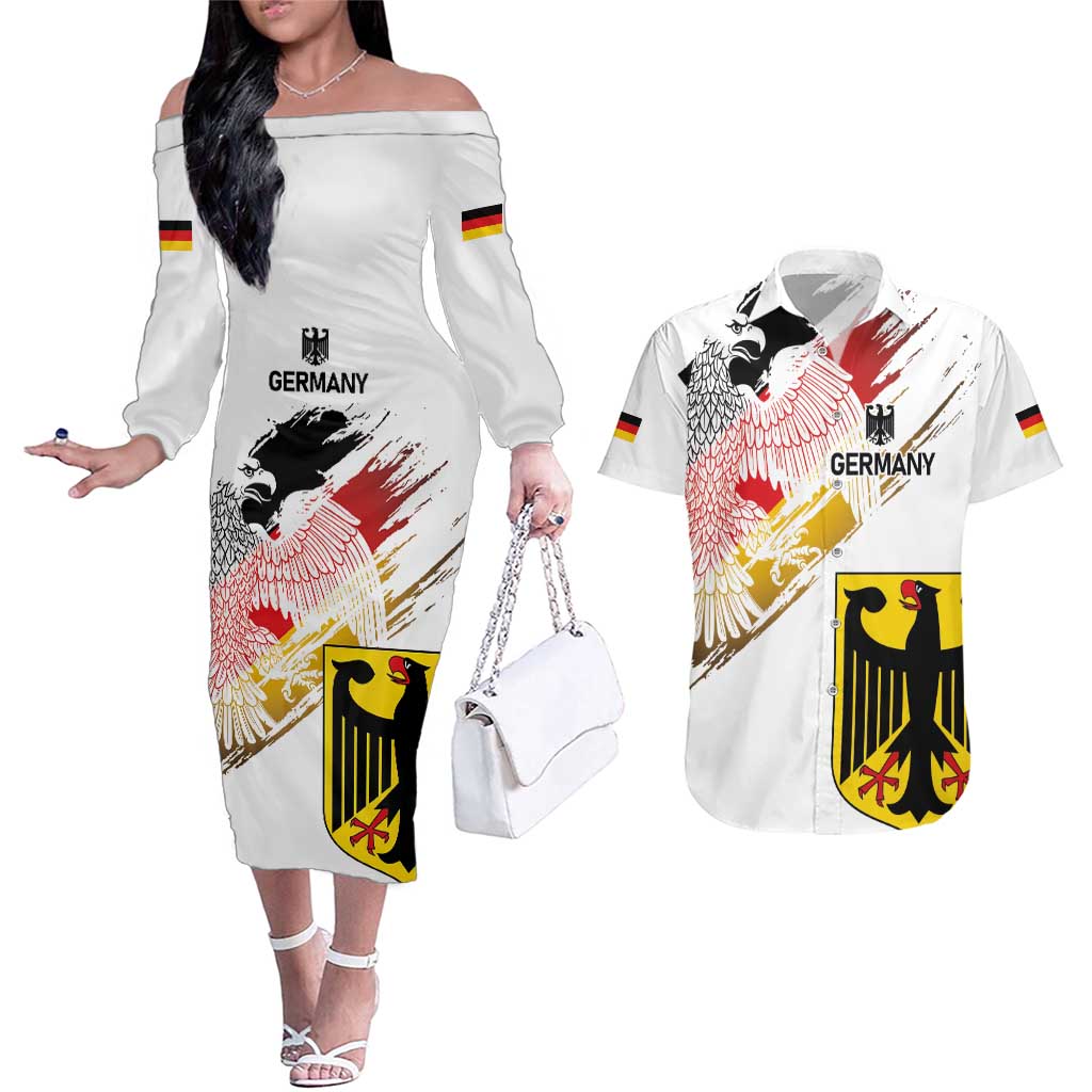 Personalised Germany Seal and Eagle Grunge Flag Couples Matching Off The Shoulder Long Sleeve Dress and Hawaiian Shirt - Wonder Print Shop