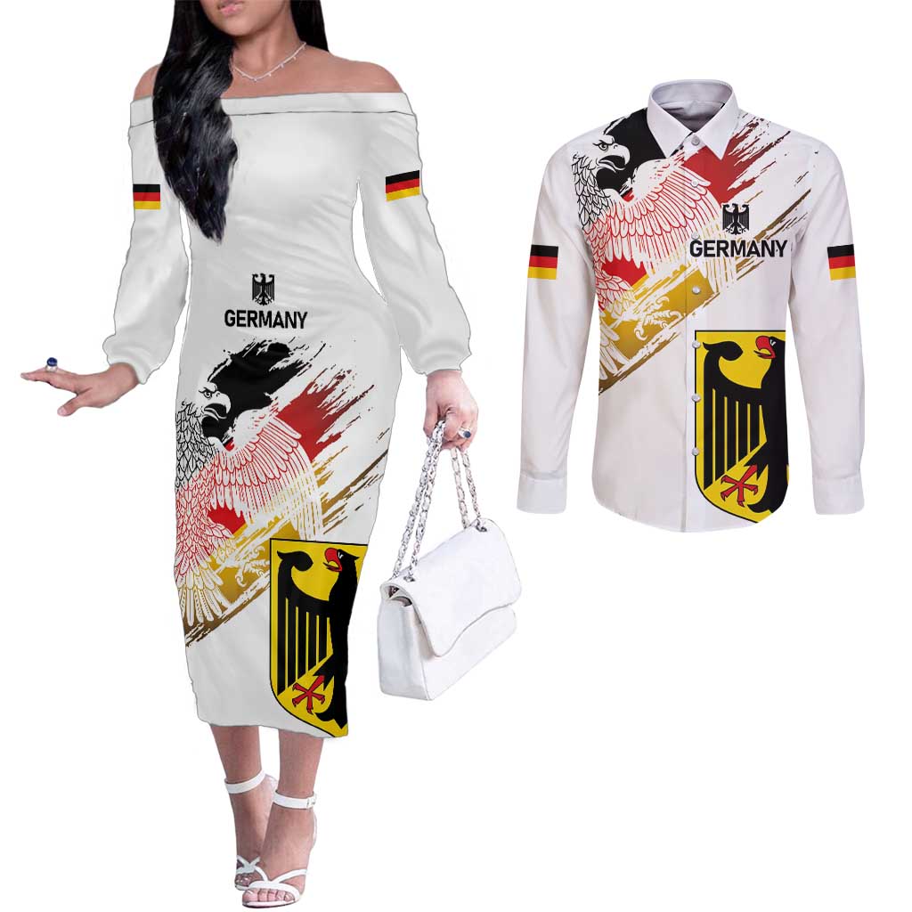 Personalised Germany Seal and Eagle Grunge Flag Couples Matching Off The Shoulder Long Sleeve Dress and Long Sleeve Button Shirt