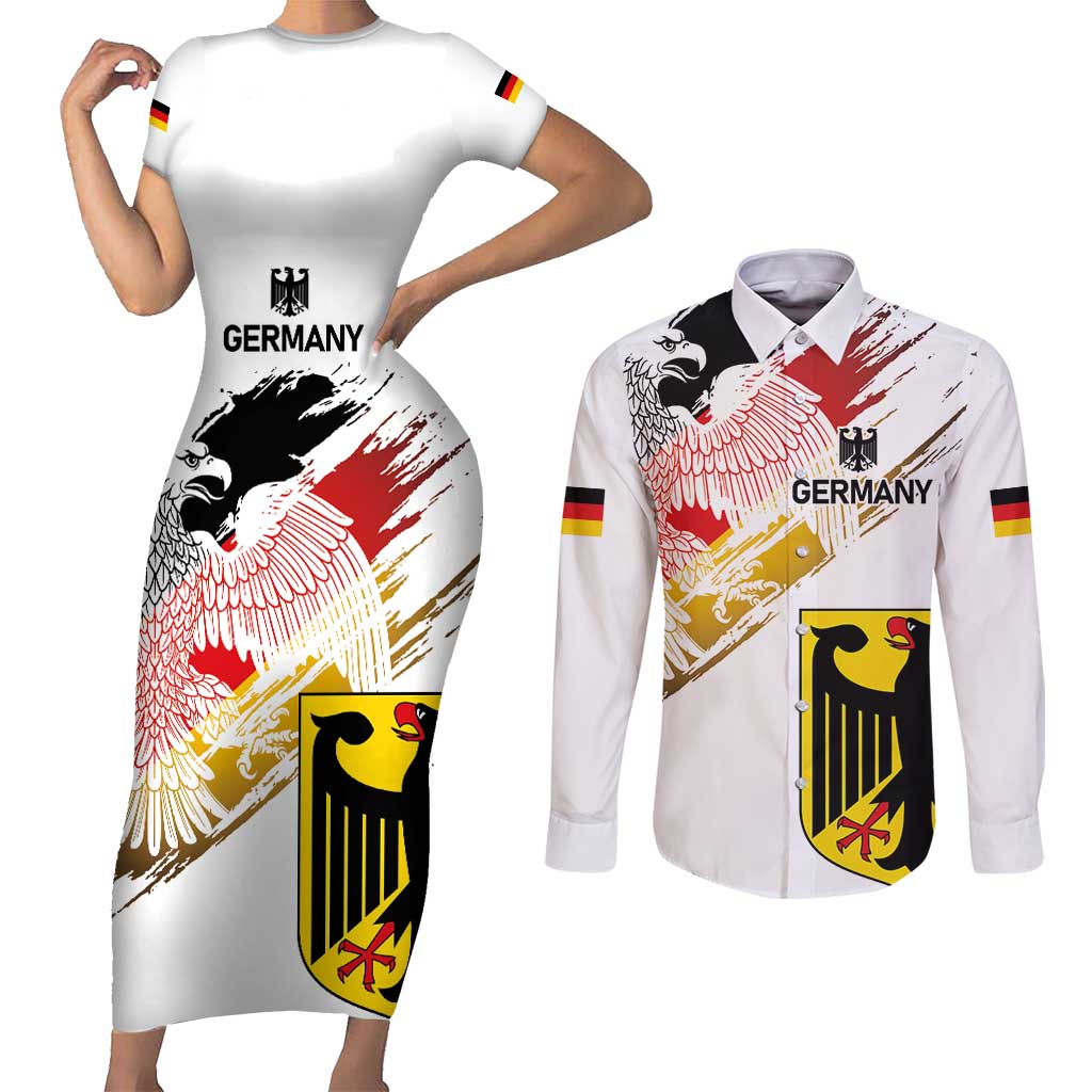 Personalised Germany Seal and Eagle Grunge Flag Couples Matching Short Sleeve Bodycon Dress and Long Sleeve Button Shirt - Wonder Print Shop