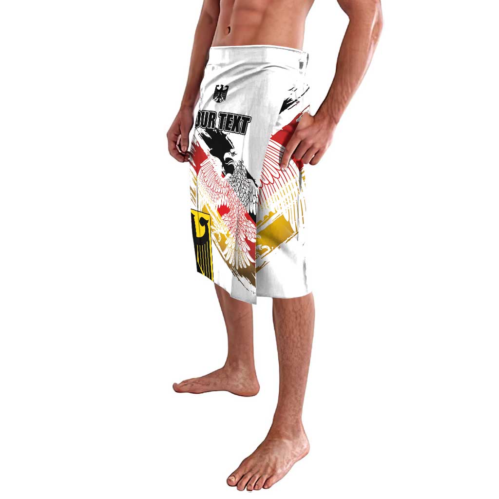White printed board shorts with German eagle grunge flag graphic, side view