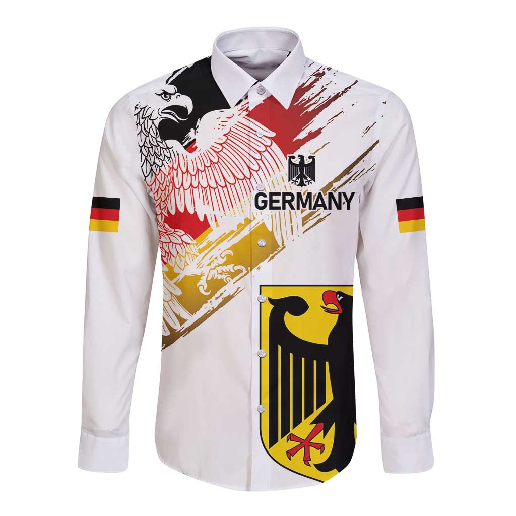 White long-sleeve button shirt with collar, front Germany text, eagle wings and diagonal flag