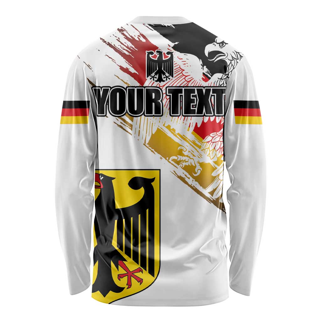 Unisex white long sleeve shirt with eagle seal grunge flag, 'YOUR TEXT' on back