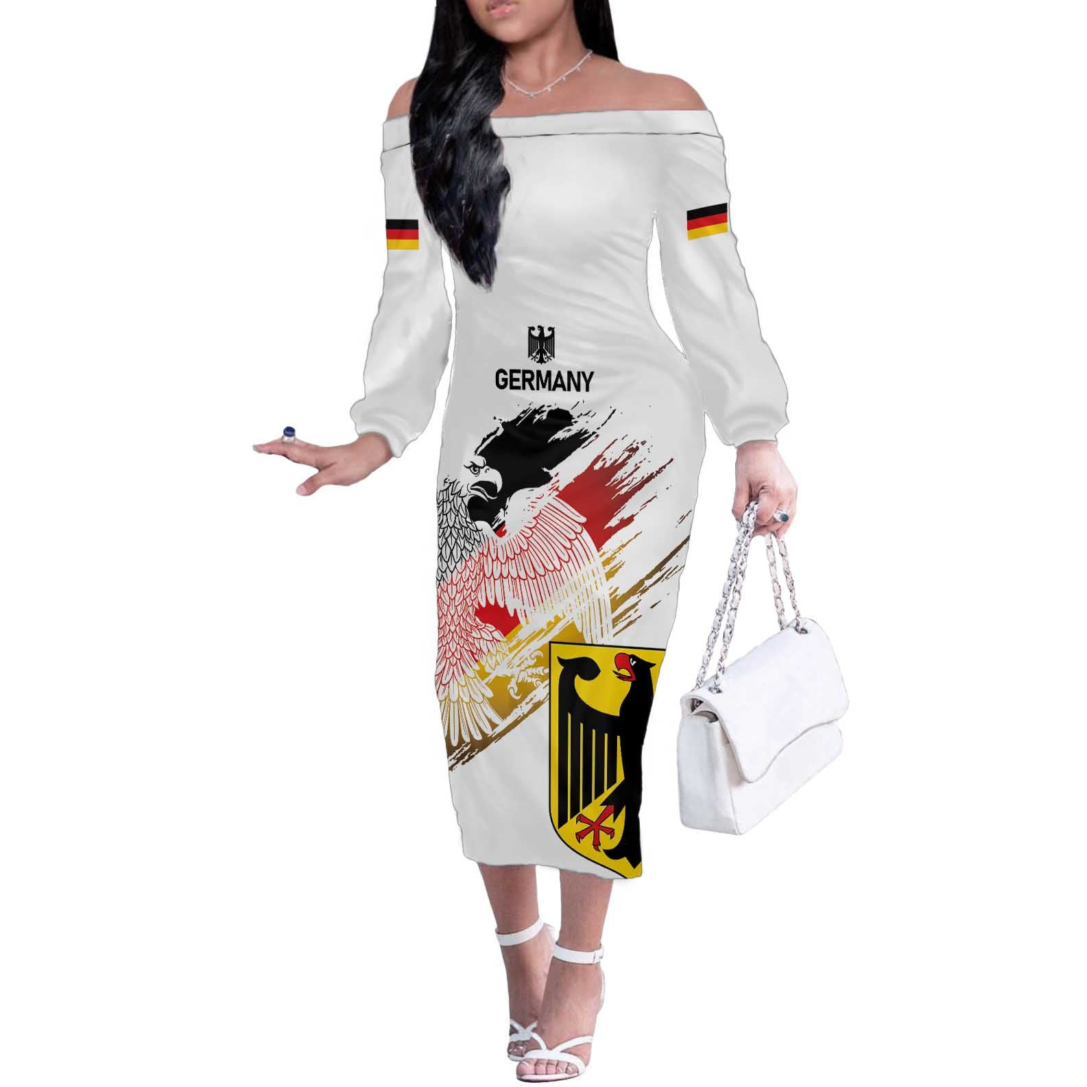 Personalised Germany Seal and Eagle Grunge Flag Off The Shoulder Long Sleeve Dress - Wonder Print Shop