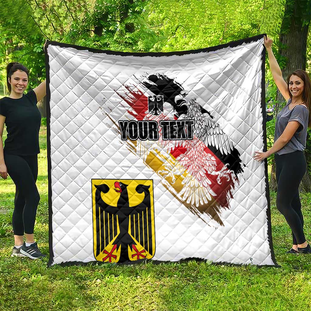 White quilt with Germany eagle seal grunge print, diamond pattern and personalized text