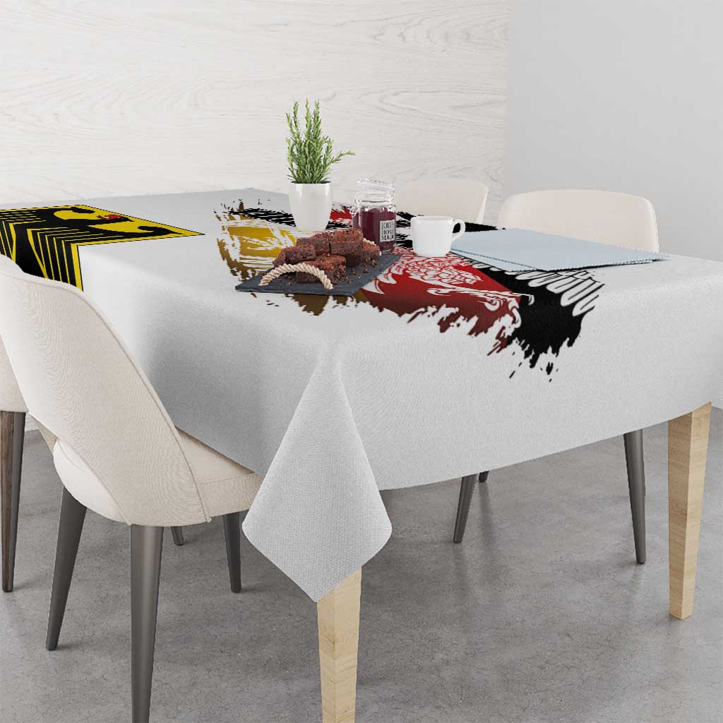 White tablecloth on dining table with German eagle and seal grunge design