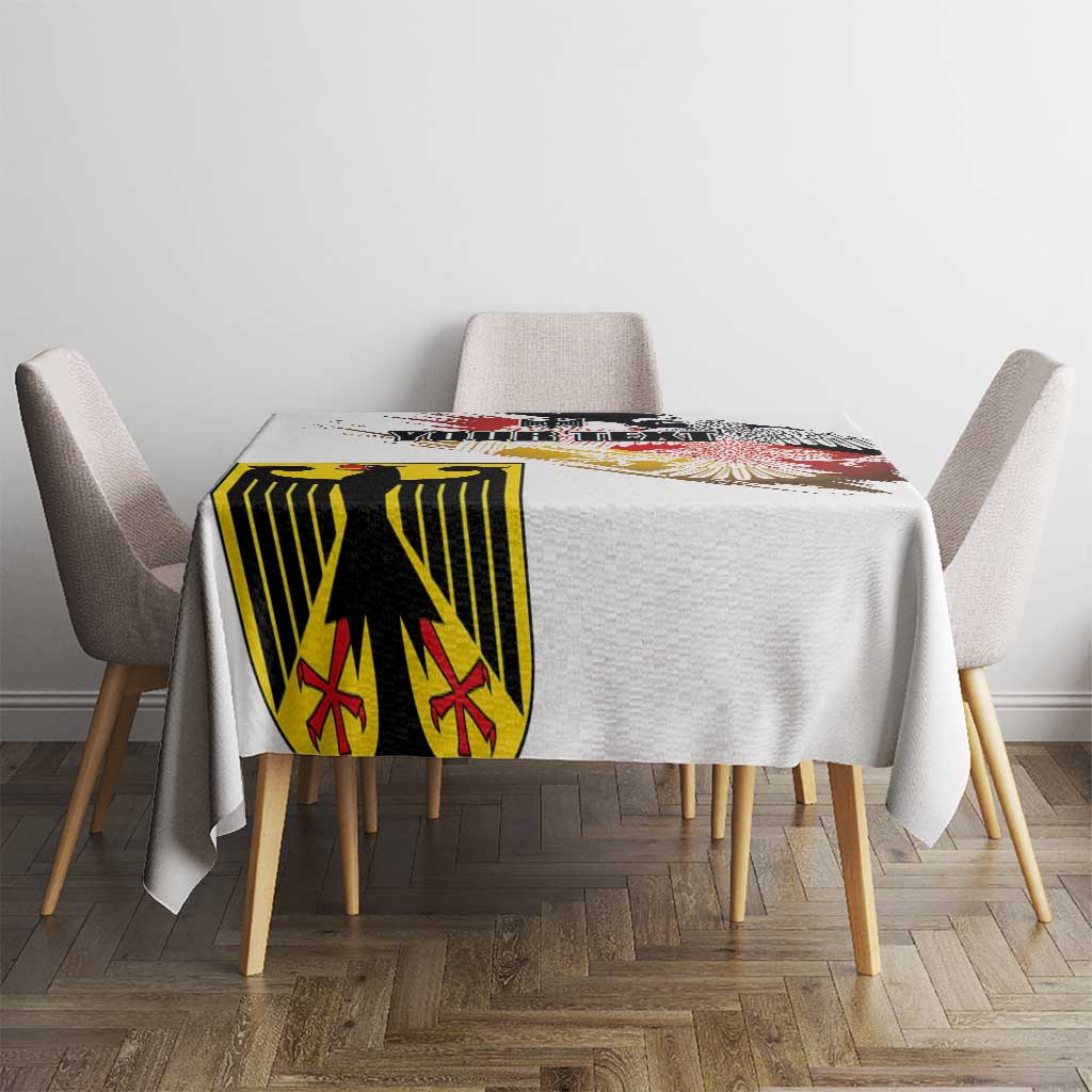 White rectangular tablecloth with German eagle and seal grunge graphic at center