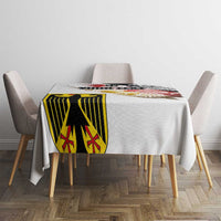 White rectangular tablecloth with German eagle and seal grunge graphic at center