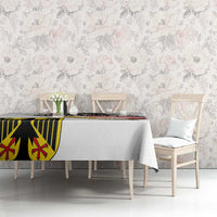 White tablecloth with German eagle and seal grunge artwork across the surface