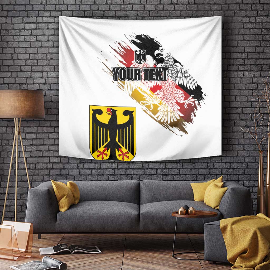 White flag tapestry with eagle head, crest emblem, grunge paint effect and text area