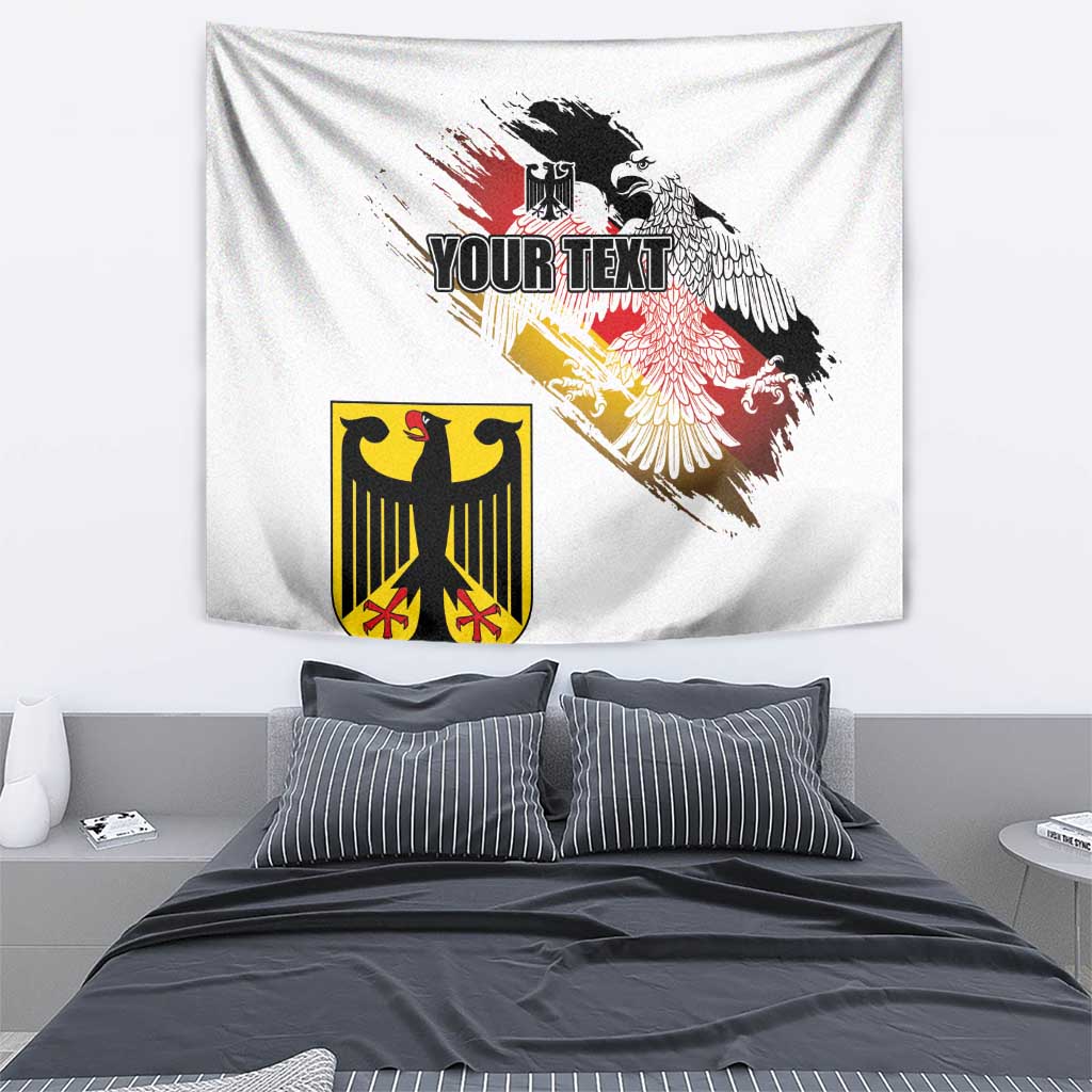 White flag tapestry with eagle silhouette, crest emblem, and bold placeholder text