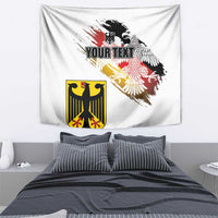 White flag tapestry with eagle silhouette, crest emblem, and bold placeholder text