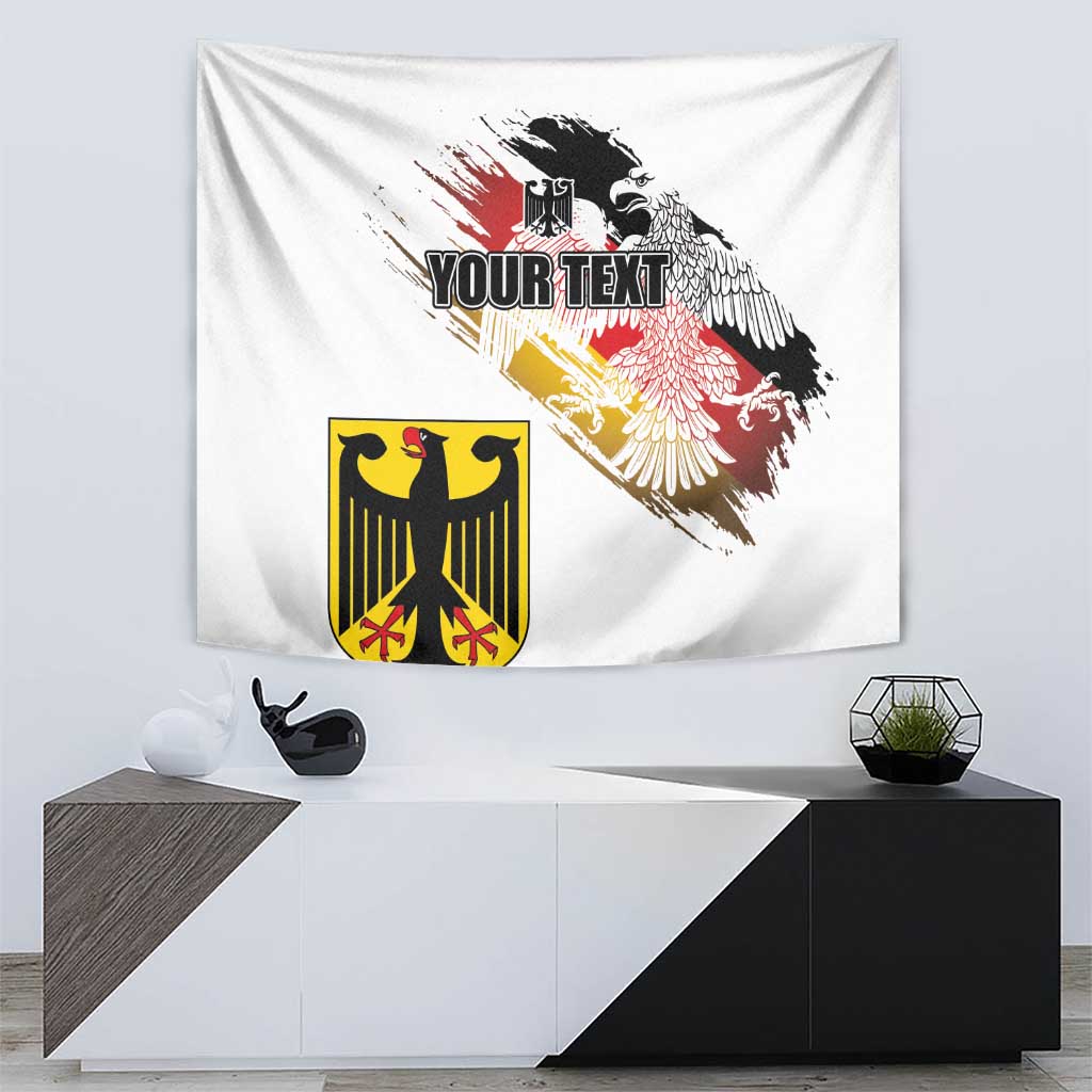 White flag tapestry with eagle head, crest emblem, and diagonal grunge banner art