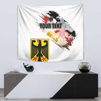 White flag tapestry with eagle head, crest emblem, and diagonal grunge banner art