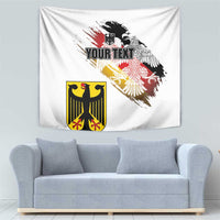 White flag tapestry showing eagle and crest emblem with customizable placeholder text