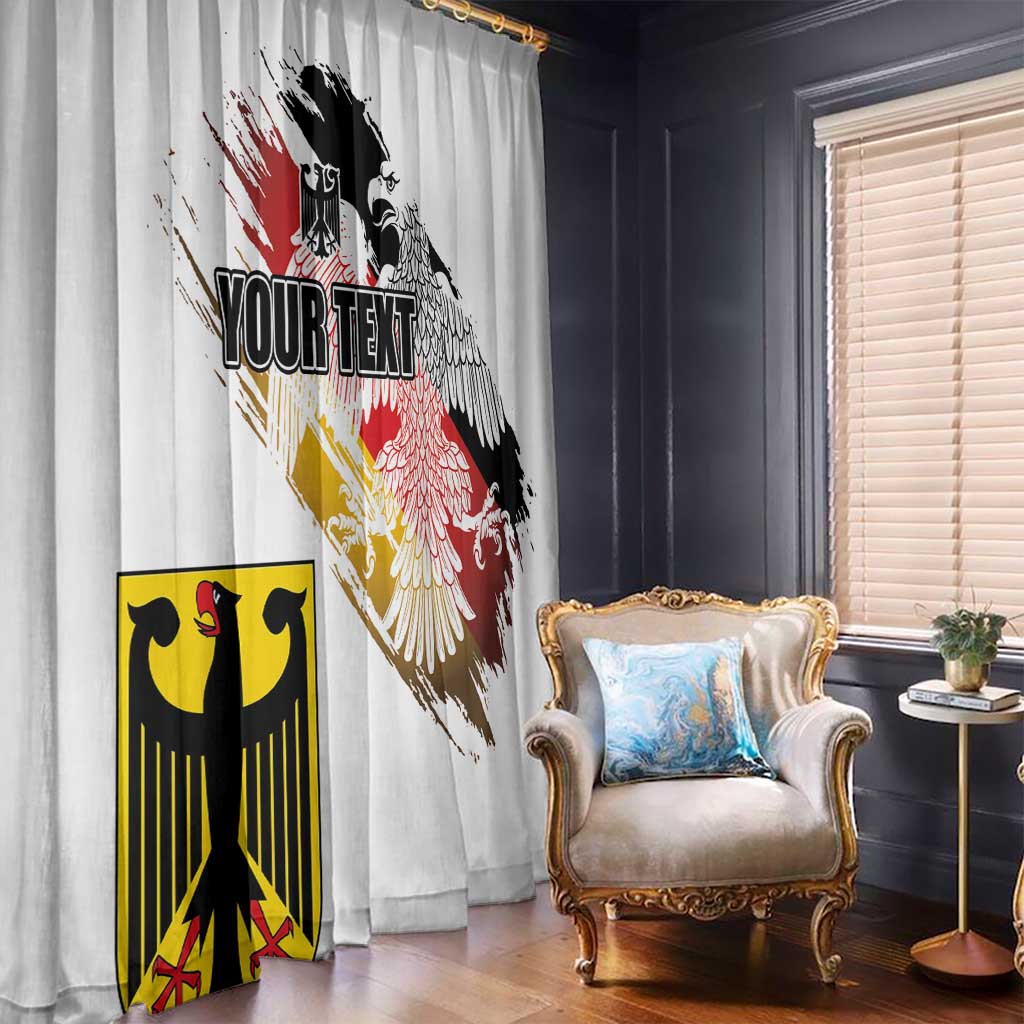 White window curtain panels with German eagle seal grunge graphic and custom text, full length