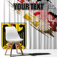 White window curtain close-up with grunge German eagle seal design and custom text