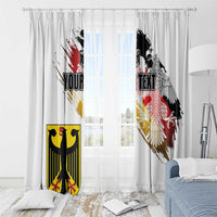 White window curtain set with German eagle seal grunge design and custom text on two panels