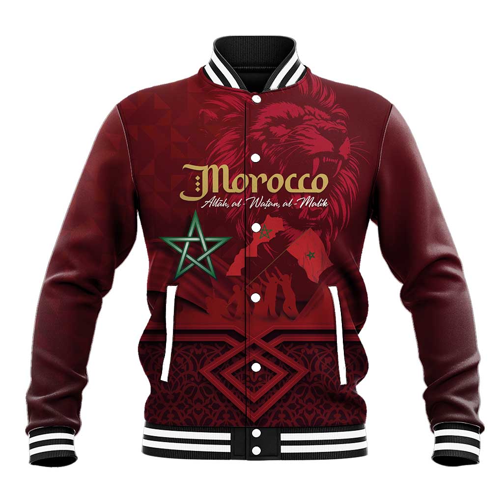 Red baseball jacket with lion graphic, Morocco text, green star accents, snap front