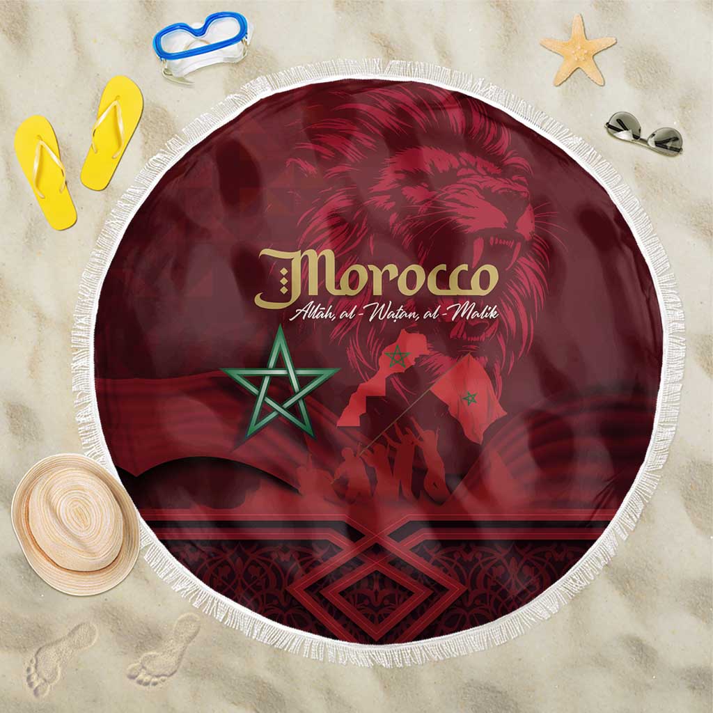 Red round beach blanket with Morocco flag lion and geometric pattern, white fringe edge