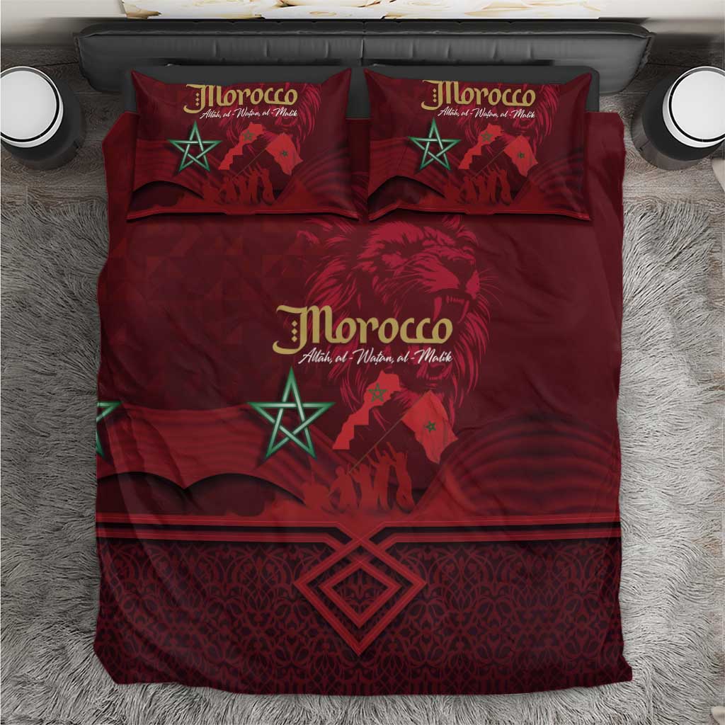 Burgundy Morocco-themed bedding set with lion graphic, star emblem, and two matching pillowcases