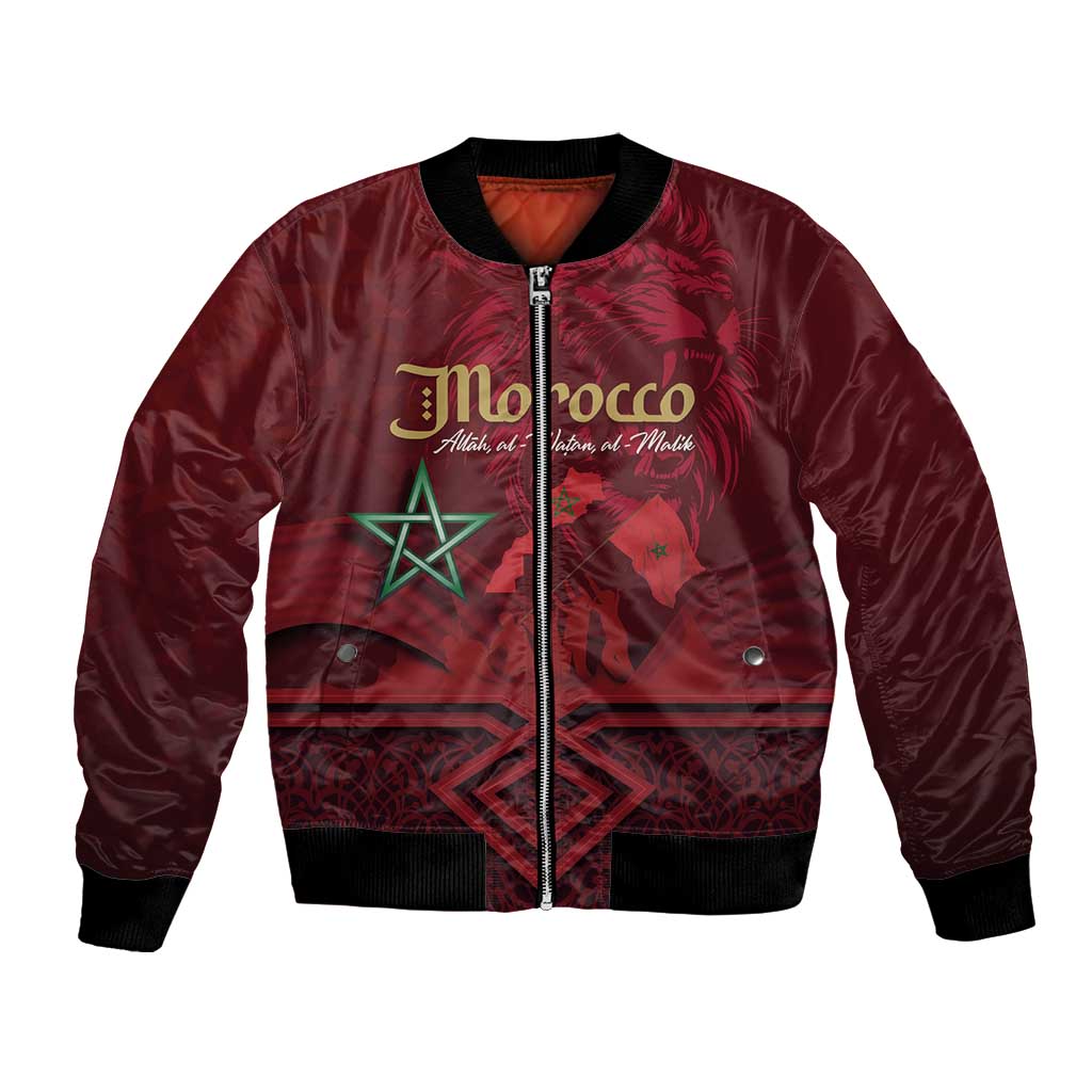 Red bomber jacket with front zipper and Morocco graphic with star emblem