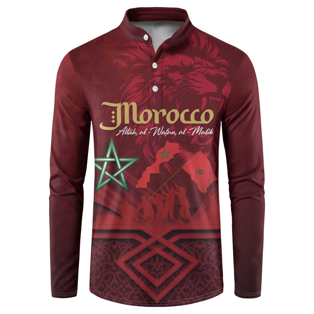 Red button-front sweatshirt with Morocco map, lion, stars and emblem graphic