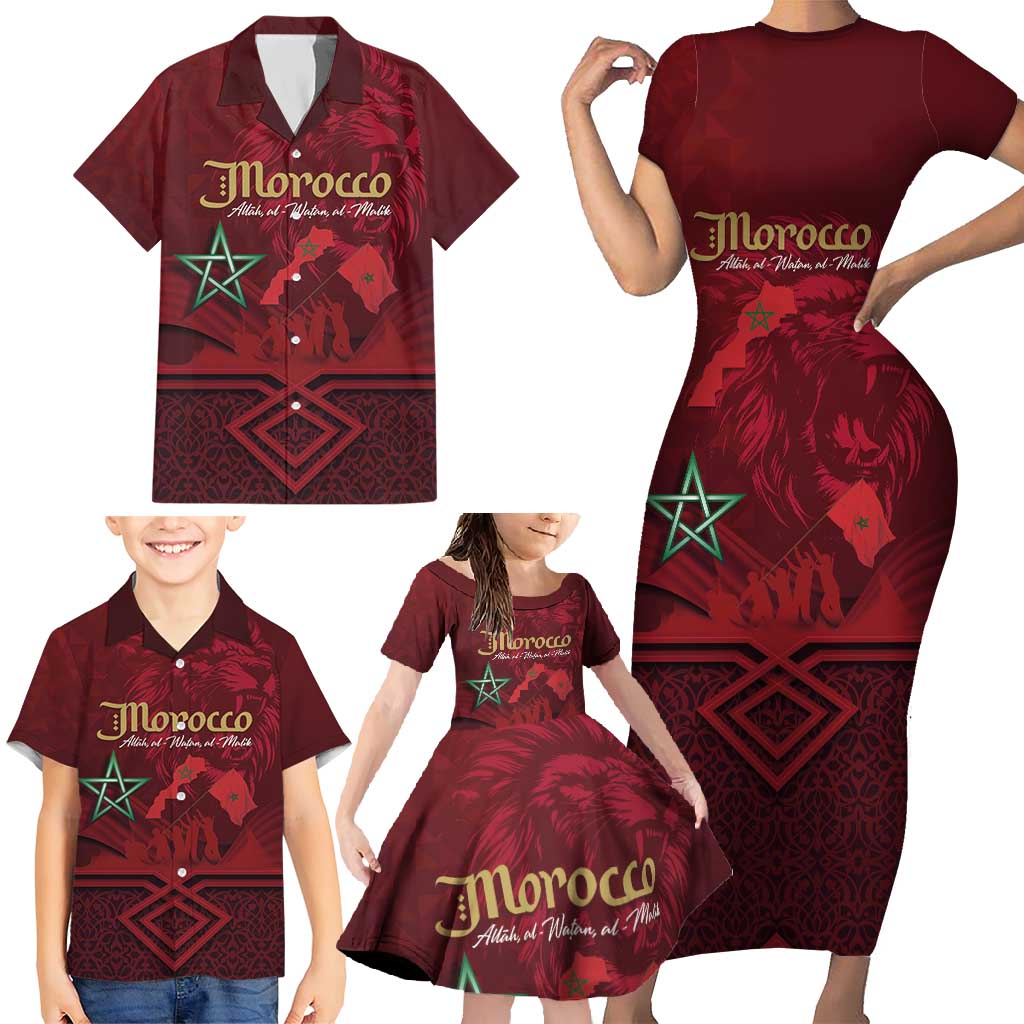 Happy Morocco Proclamation Day Family Matching Short Sleeve Bodycon Dress and Hawaiian Shirt Barbary Lion's Roar - Fight for Peace and Freedom