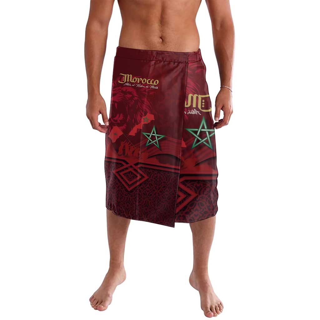 Red Morocco-themed shorts with lion emblem, green star graphics, and patterned panels