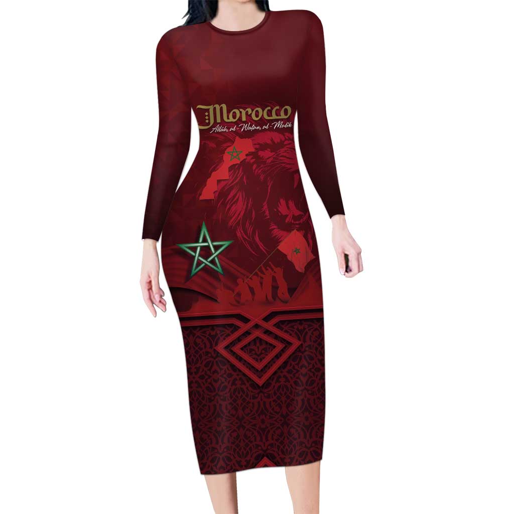 Happy Morocco Proclamation Day Long Sleeve Bodycon Dress Barbary Lion's Roar - Fight for Peace and Freedom - Wonder Print Shop