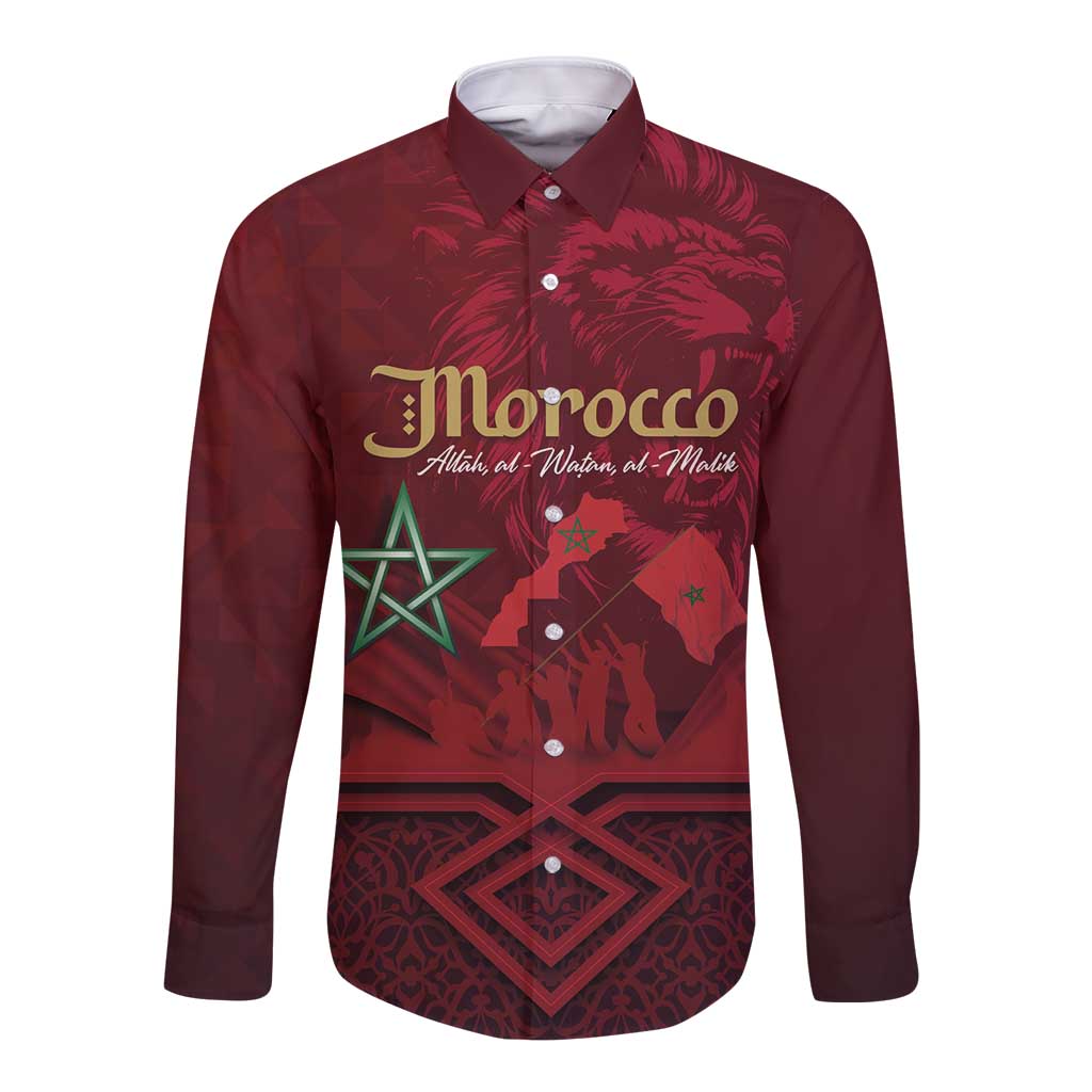 Unisex long-sleeve button shirt in dark red with Morocco graphic, lion, and star
