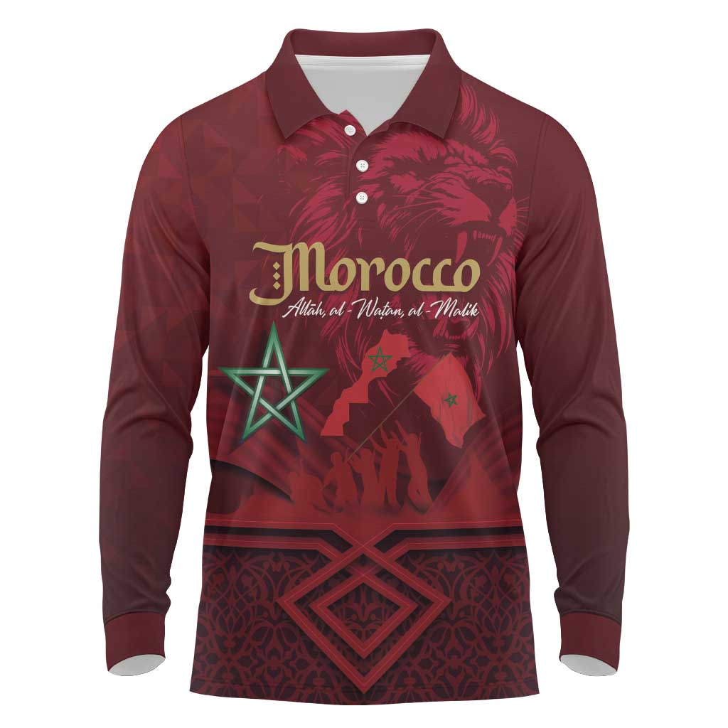 Happy Morocco Proclamation Day Long Sleeve Polo Shirt Barbary Lion's Roar - Fight for Peace and Freedom - Wonder Print Shop