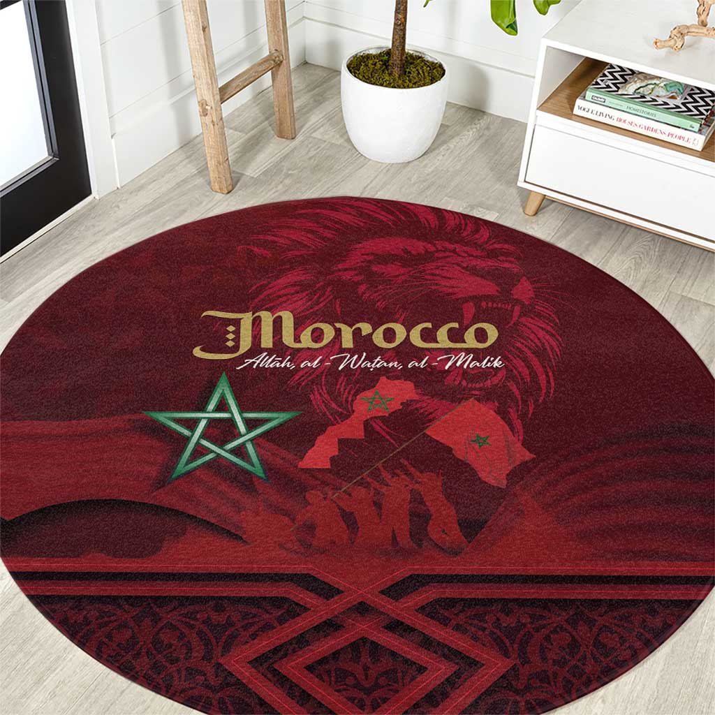 Red round rug with Morocco text, lion graphic, green star, and map silhouette