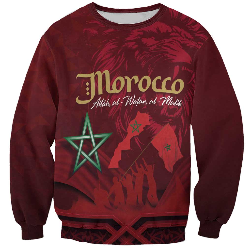 Red unisex sweatshirt with Morocco graphic lion, star, and crewneck hem