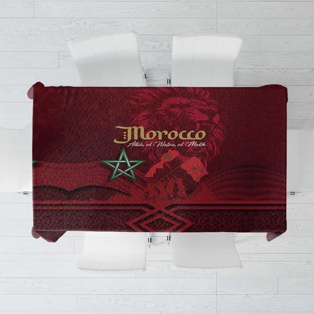 Burgundy tablecloth with Morocco crest, lion and star graphic, geometric pattern