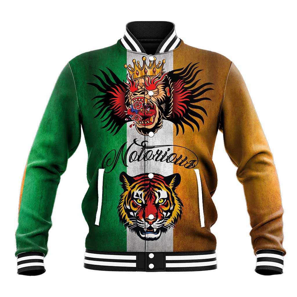 Colorblock baseball jacket with striped collar, tiger and flame crown graphic, front buttons