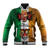Colorblock baseball jacket with striped collar, tiger and flame crown graphic, front buttons