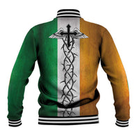 Back view baseball jacket with striped ribbed trim and large cross-and-dagger tattoo graphic
