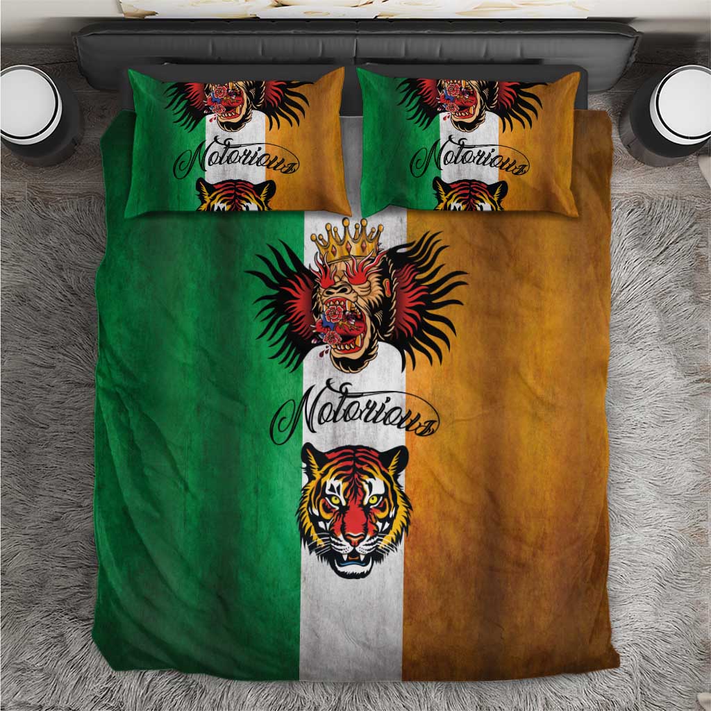 Tattoo-style bedding set with green, tan, and gray panels and tiger and lion head prints